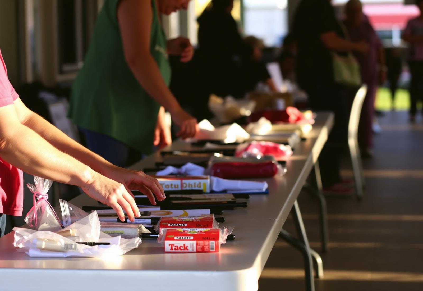 Hands of volunteers organizing items at a small town fundraiser table