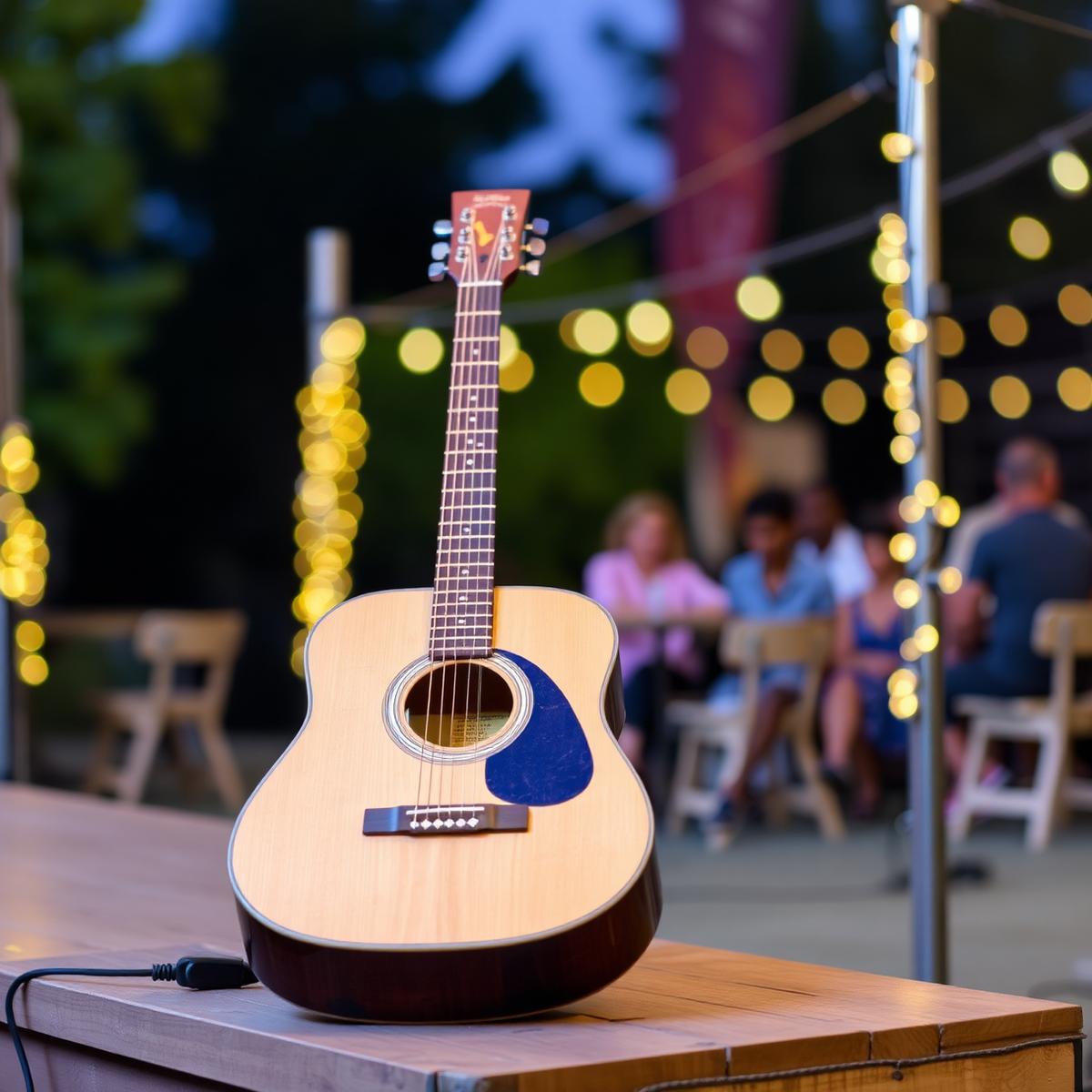 An acoustic guitar resting on a small community stage at dusk