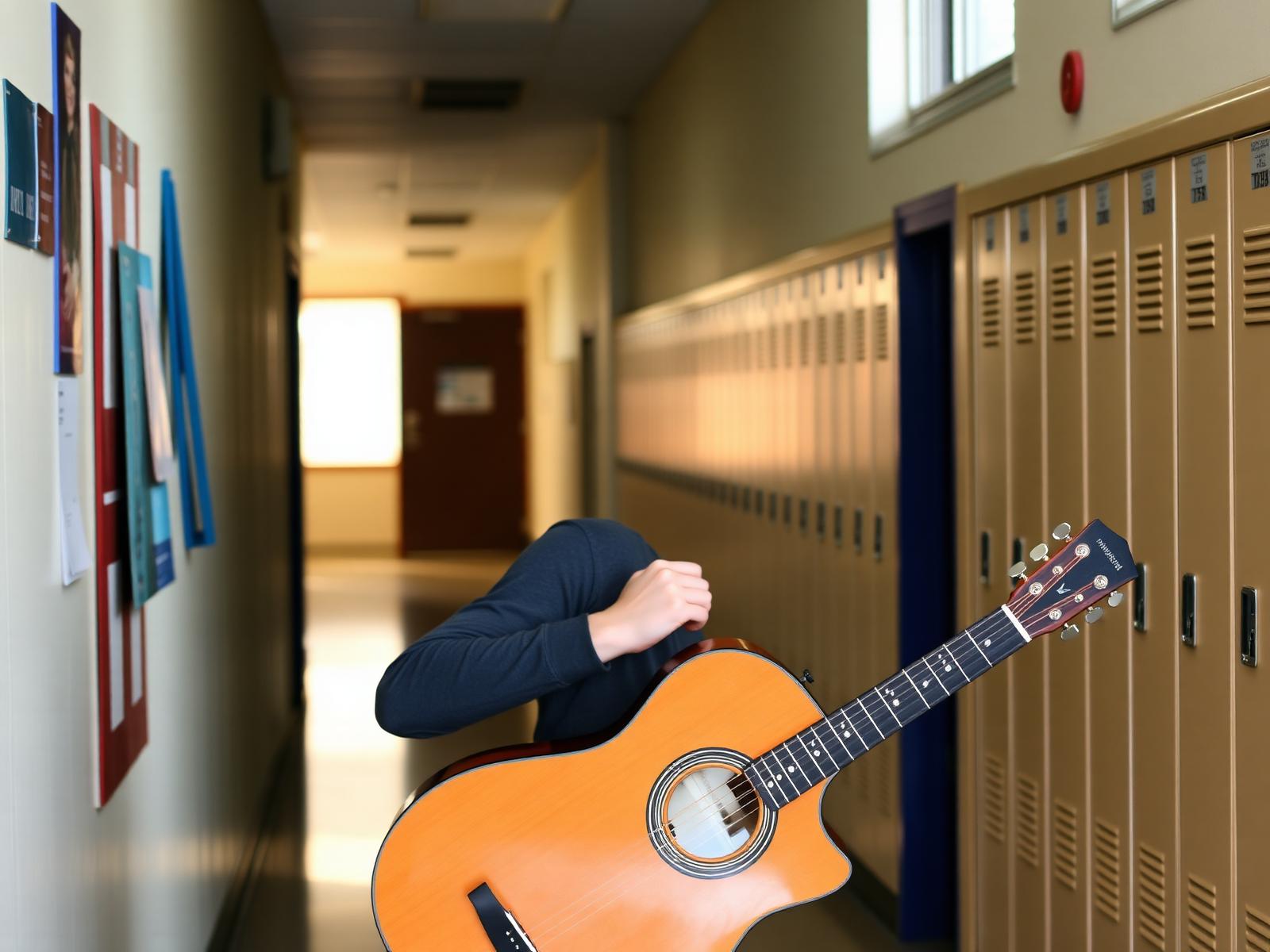 A student holding an acoustic guitar at their side in a school hallway